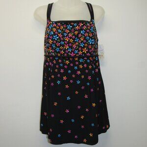 NWT St. John's Bay Secretly Slender Slimming Black Floral Swim Dress Suit sz 16W